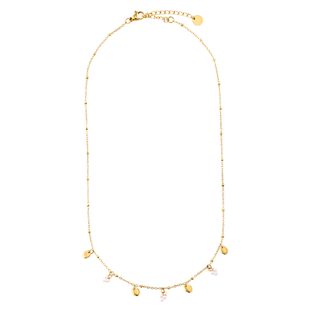 Edelstahlkette mit Künstlichen Perlen und goldenen Anhängern in gold, 40+5m lang.