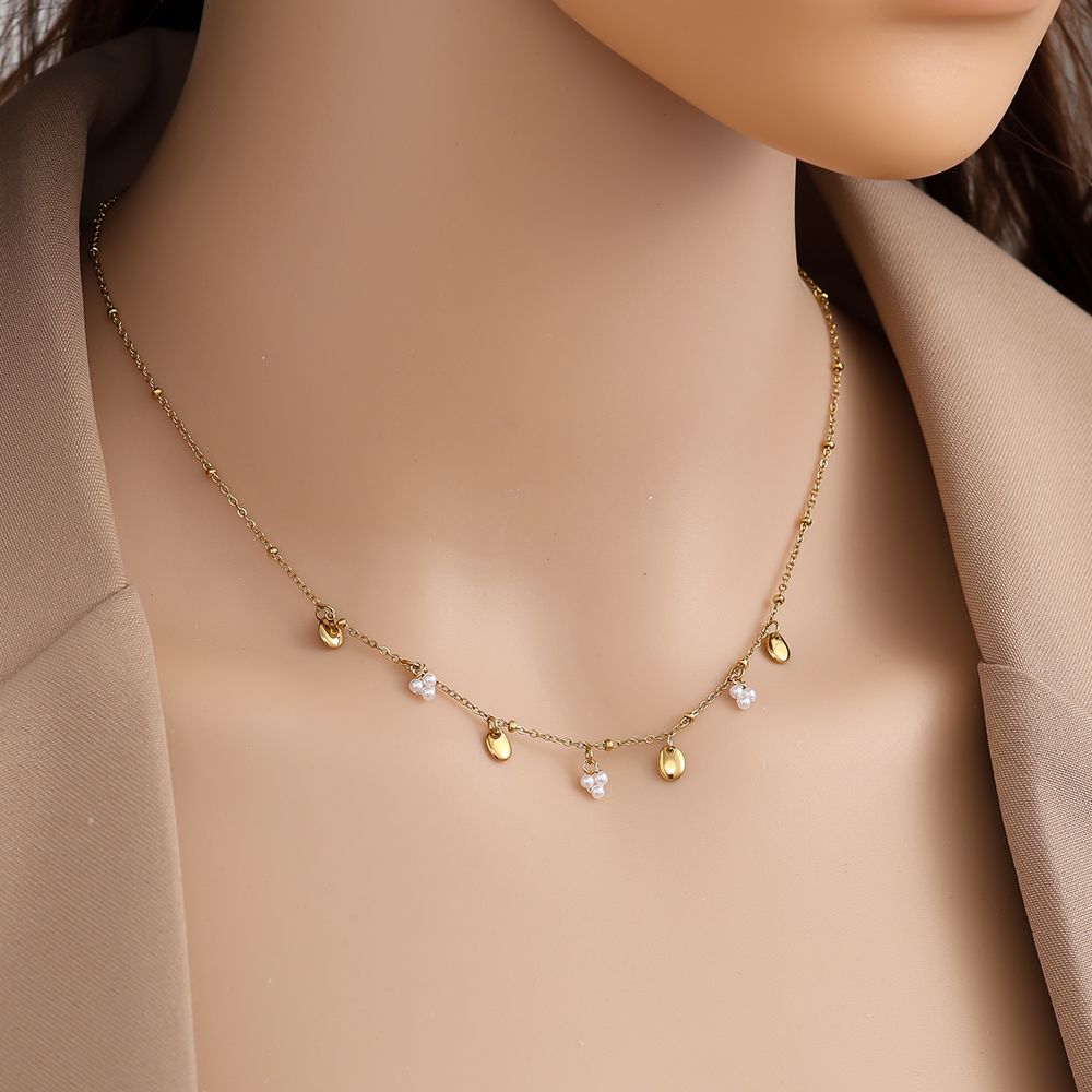 Edelstahlkette mit Künstlichen Perlen und goldenen Anhängern in gold, 40+5m lang.