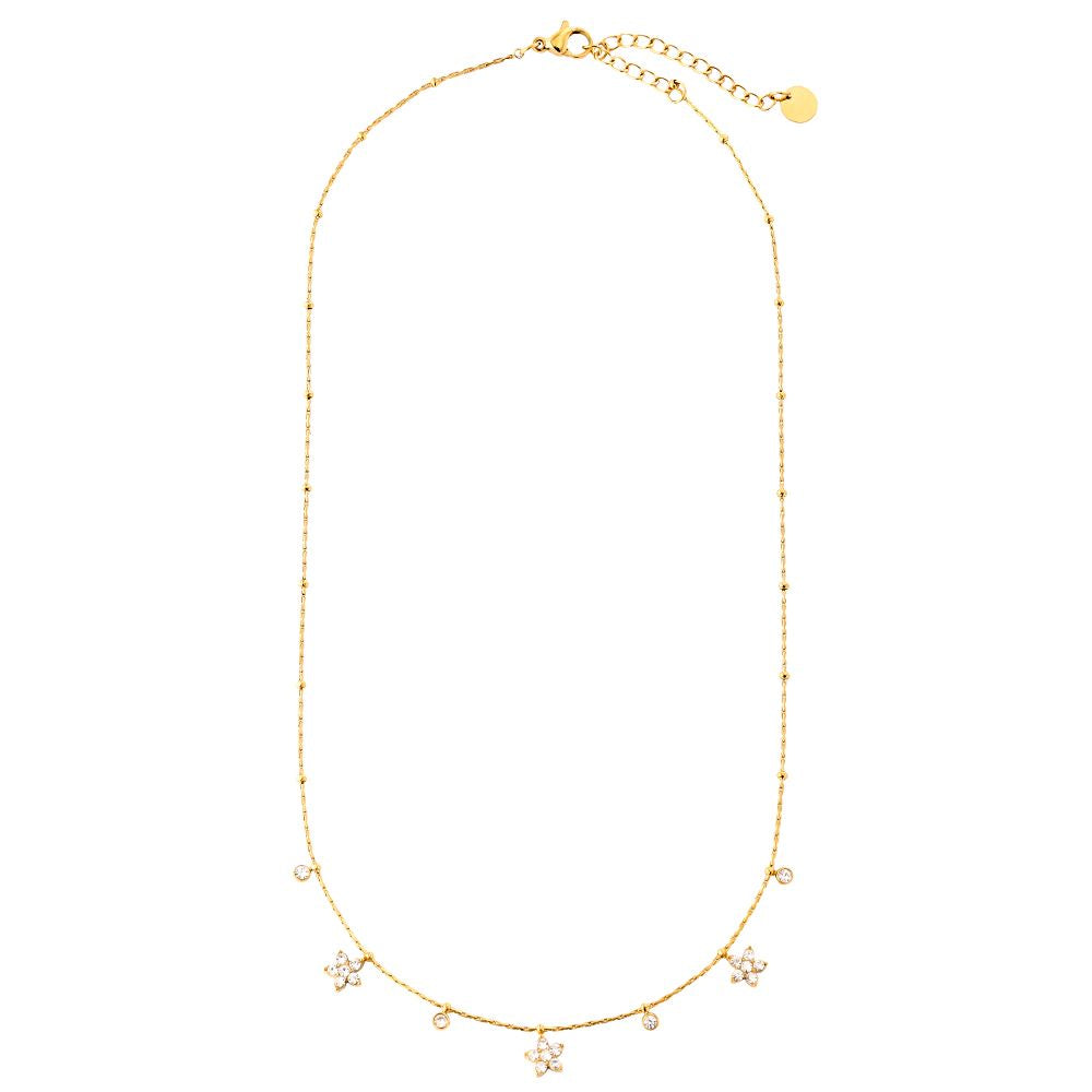 Edelstahlhalskette in gold mit Blumenanhänger und Zirkon-Steinen, 40+5cm lang.