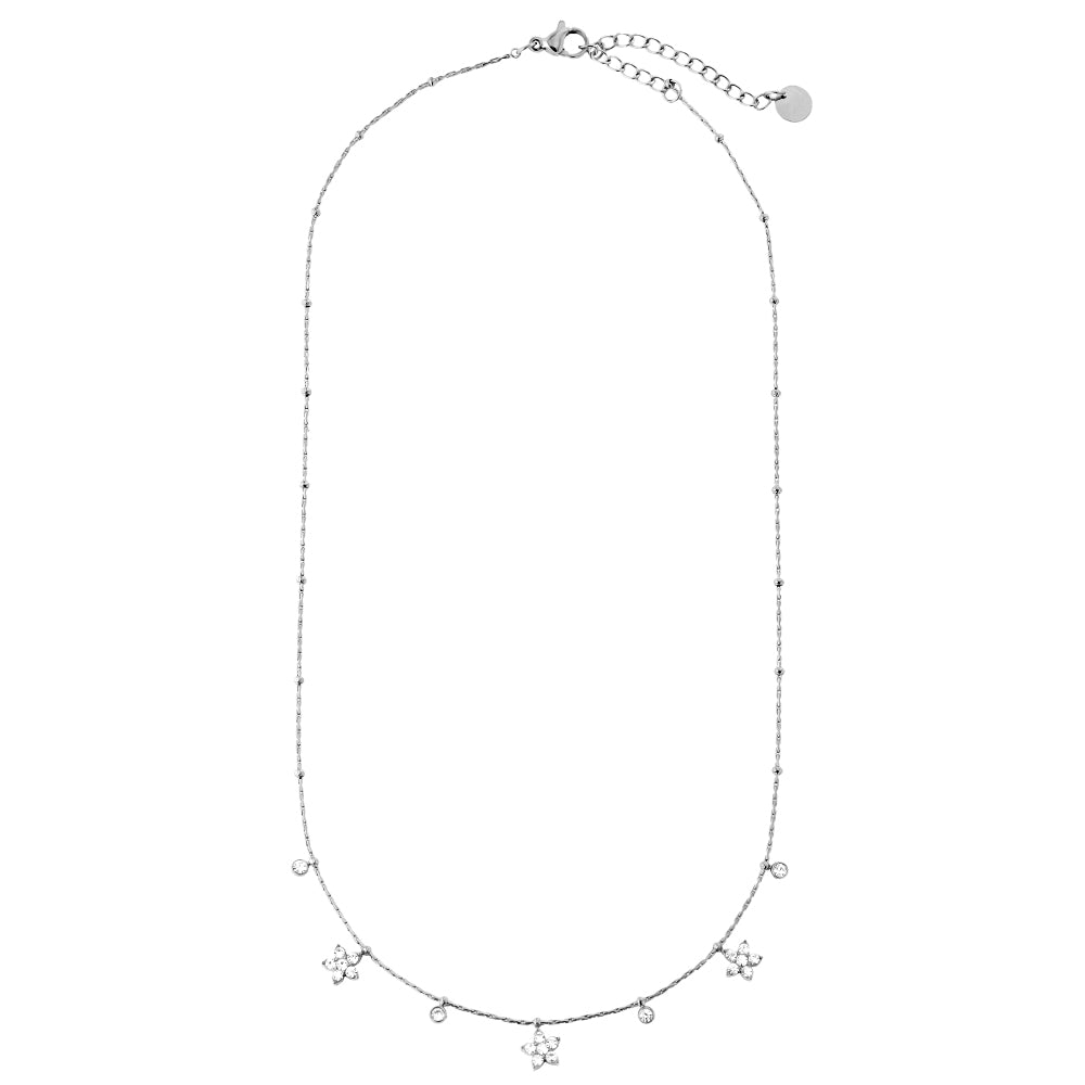 Edelstahlhalskette in silber mit Blumenanhänger und Zirkon-Steinen, 40+5cm lang.