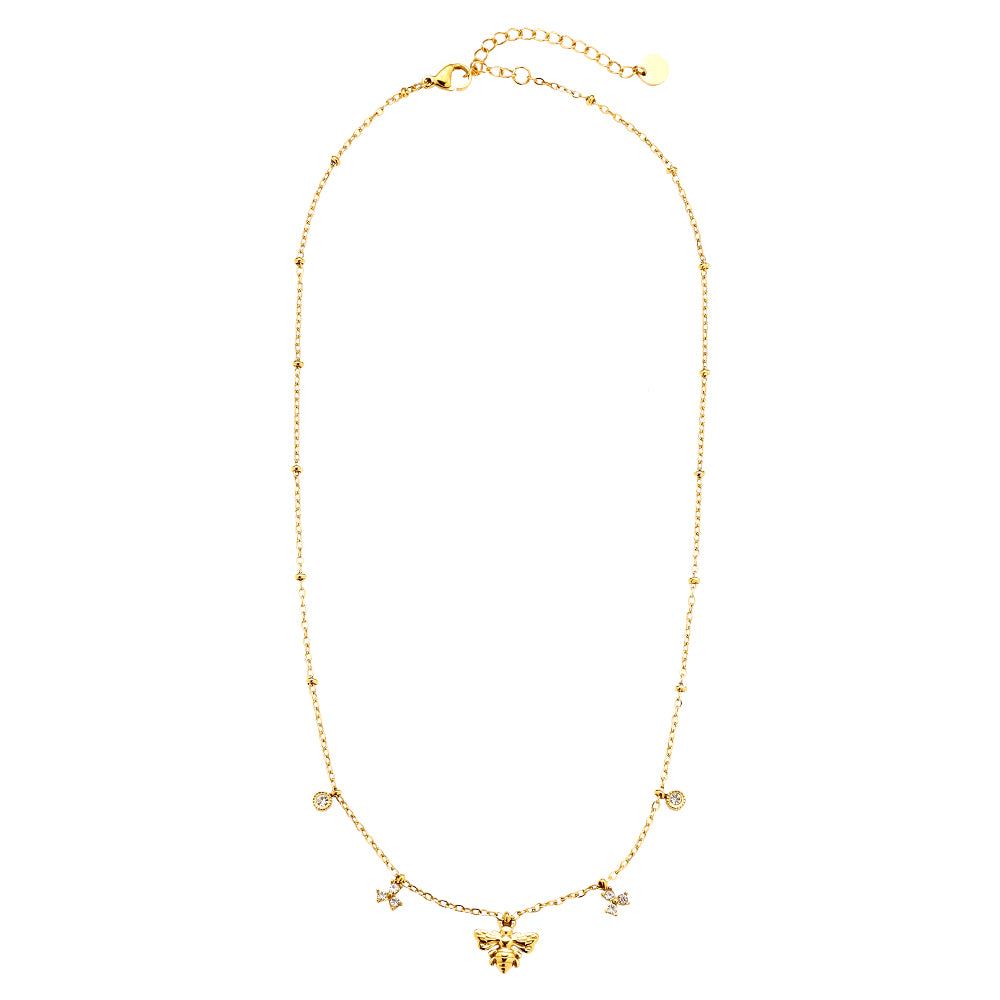 Edelstahlhalskette in gold mit Bienenanhänger und Zirkon-Steinen, 40+5cm lang.