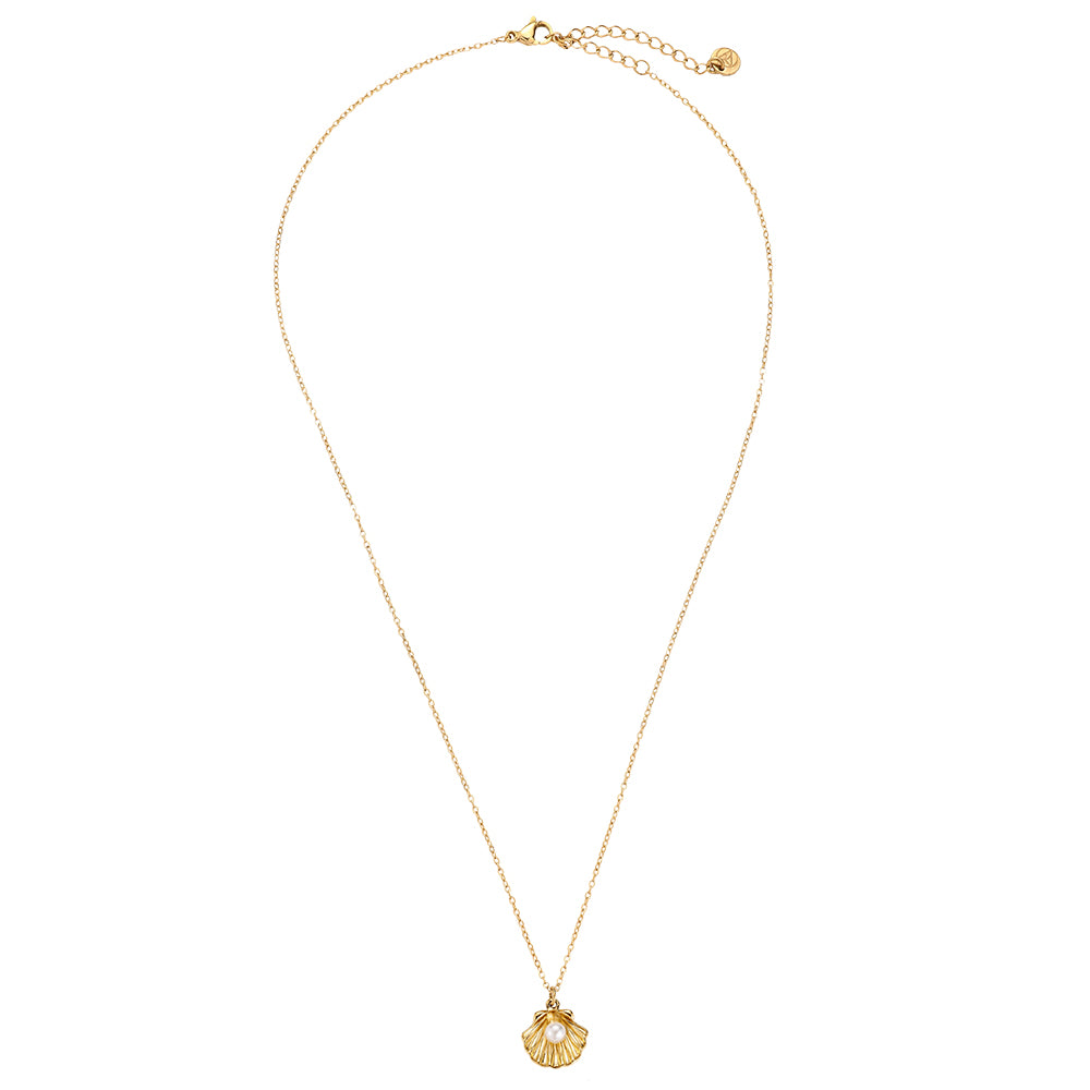Edelstahlkette mit Muschelanhänger und künstlicher Perle in gold, 38+5cm lang.