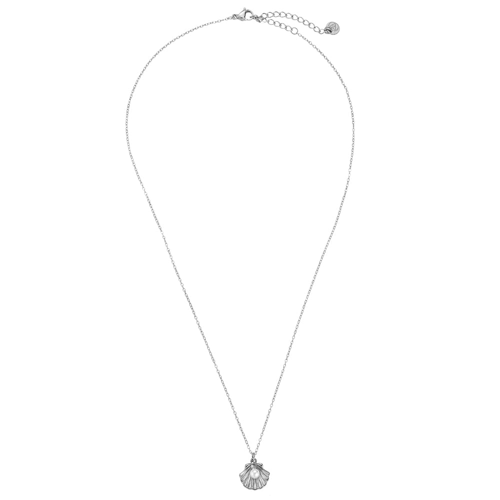 Edelstahlkette mit Muschelanhänger und künstlicher Perle in silber, 38+5cm lang.
