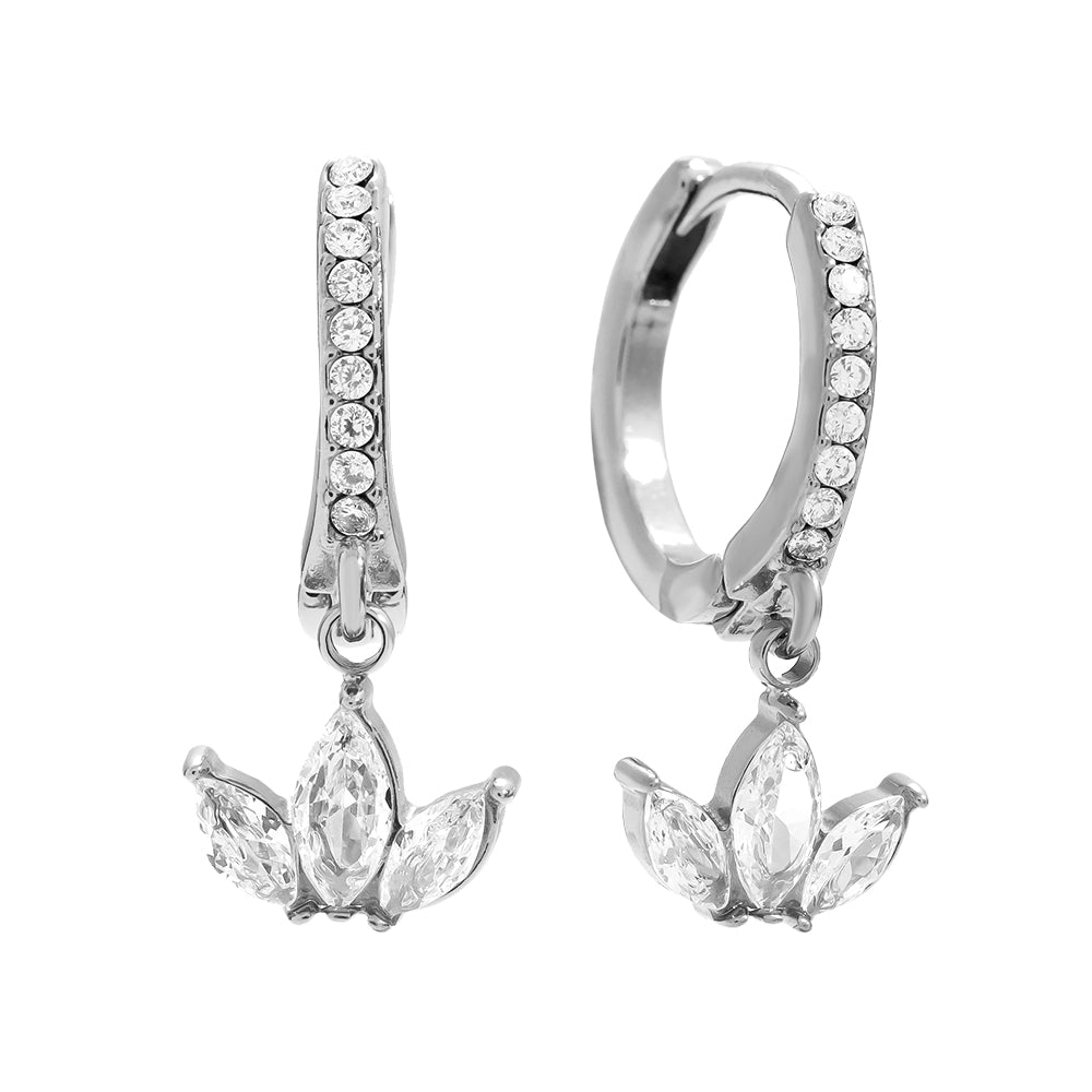 Edelstahlohrringe in silber mit Blattanhänger und Zirkon-Steinen, 2,2cm lang.