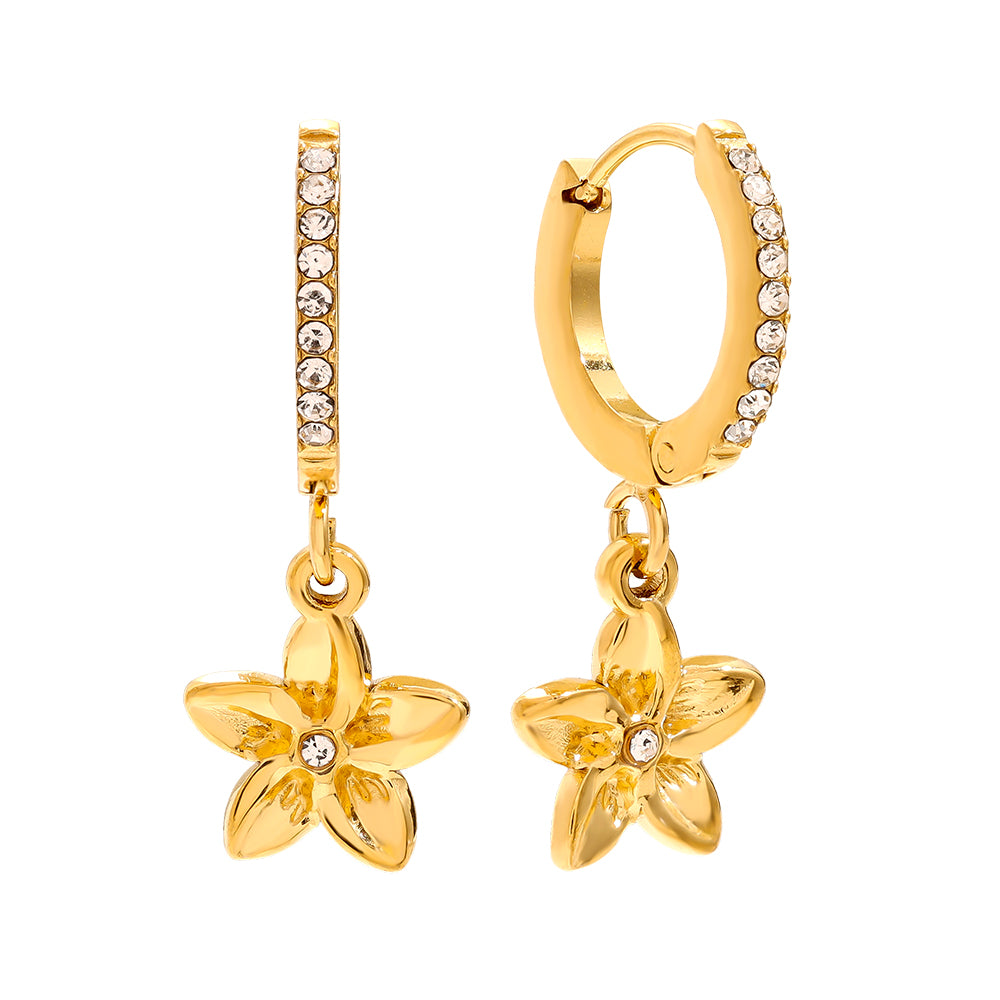 Edelstahlohrringe in gold mit Blumenanhänger und Zirkon-Steinen, 2,3cm lang.