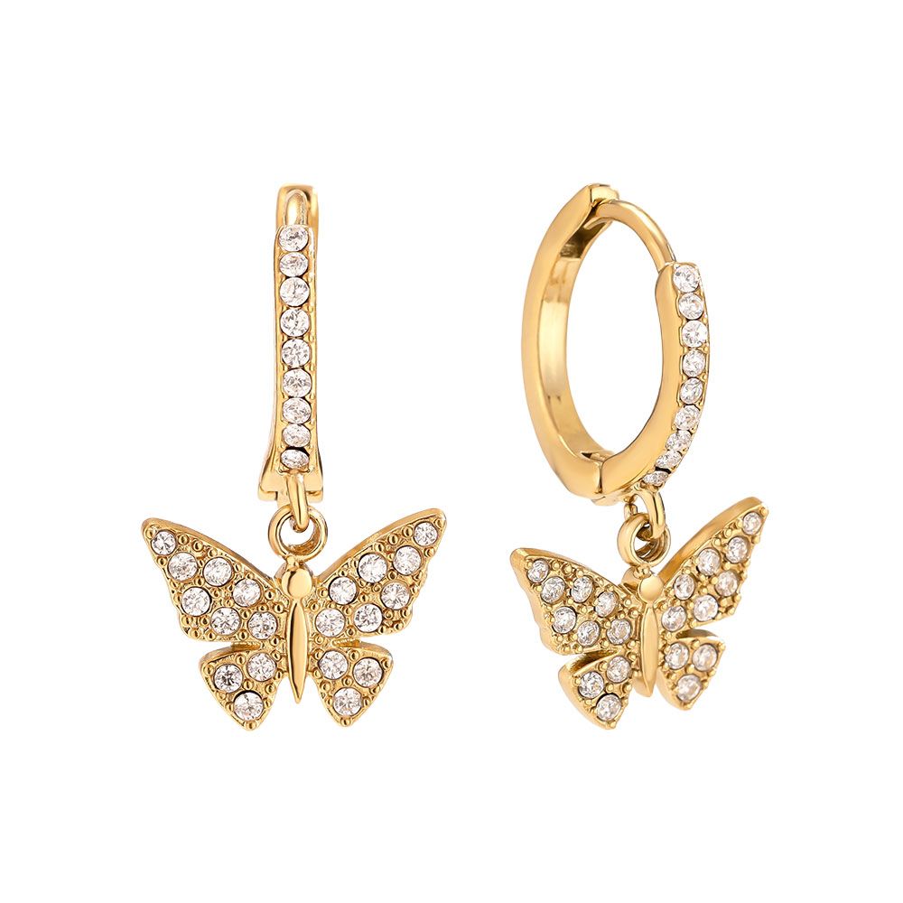 Edelstahlohrringe in gold mit Schmetterlinganhänger und Zirkon-Steinen, 2,3cm lang.