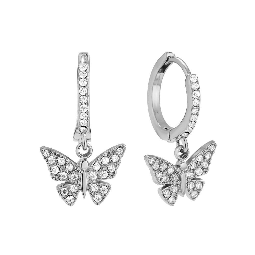 Edelstahlohrringe in silber mit Schmetterlinganhänger und Zirkon-Steinen, 2,3cm lang.