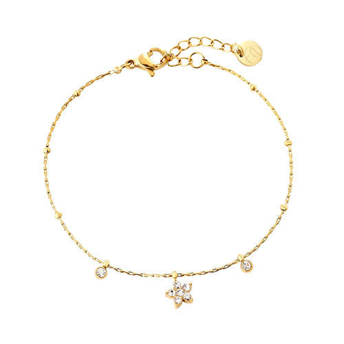 Edelstahlarmband in gold mit Blumenanhänger und Zirkon-Steinen, 17+3cm lang.