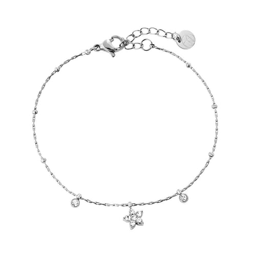 Edelstahlarmband in silber mit Blumenanhänger und Zirkon-Steinen, 17+3cm lang.