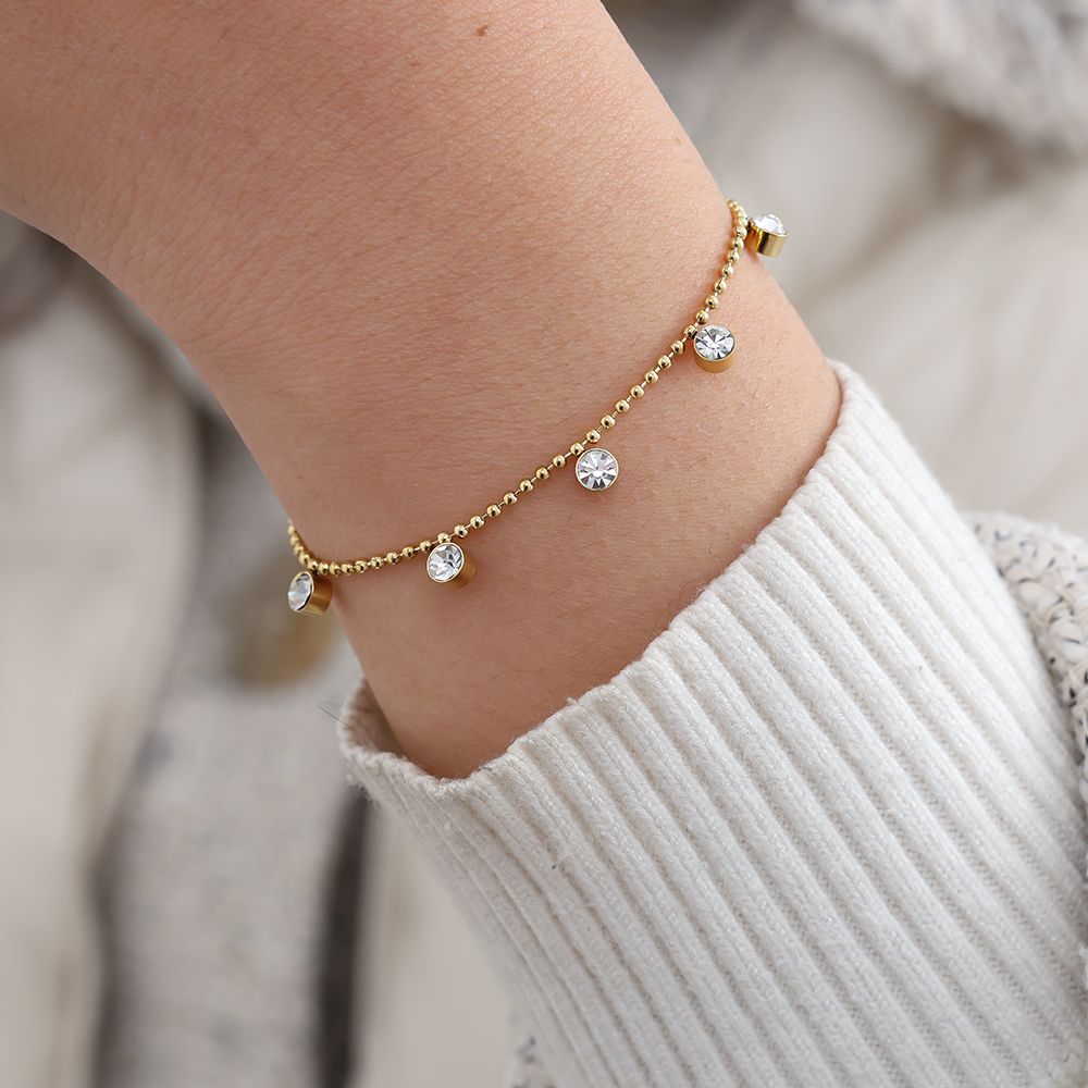 Edelstahlarmband in gold mit Zirkons-Steinen Anhänger, 17+3cm lang