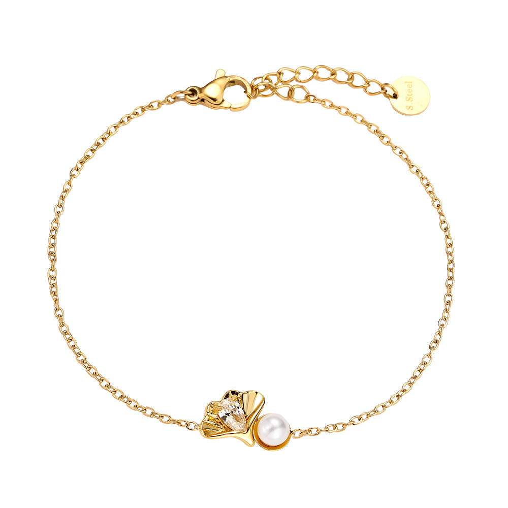 Edelstahlarmband in gold mit Muschelanhänger, Zirkon-Stein und künstlicher Perle, 16+3cm lang.