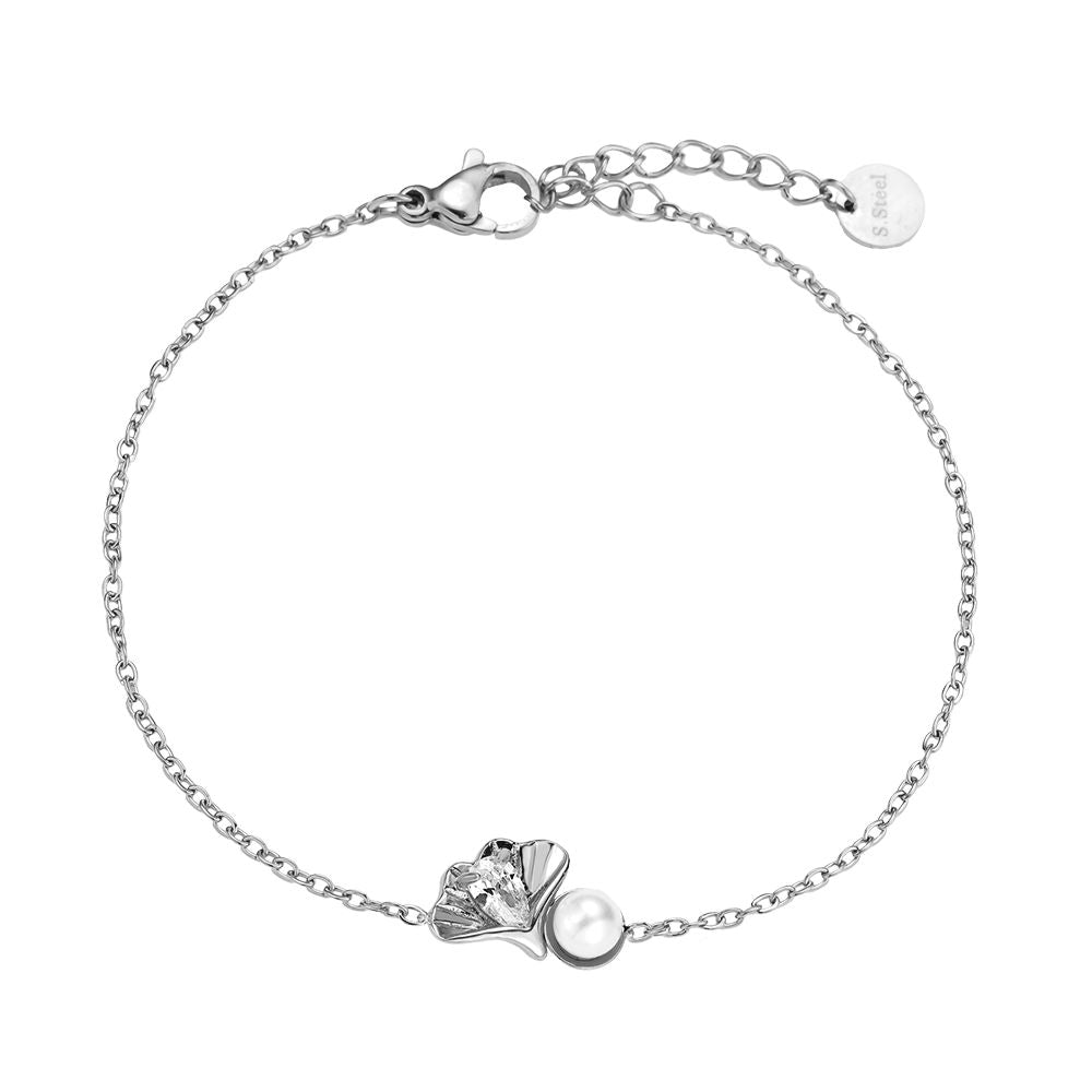 Edelstahlarmband in silber mit Muschelanhänger, Zirkon-Stein und künstlicher Perle, 16+3cm lang.