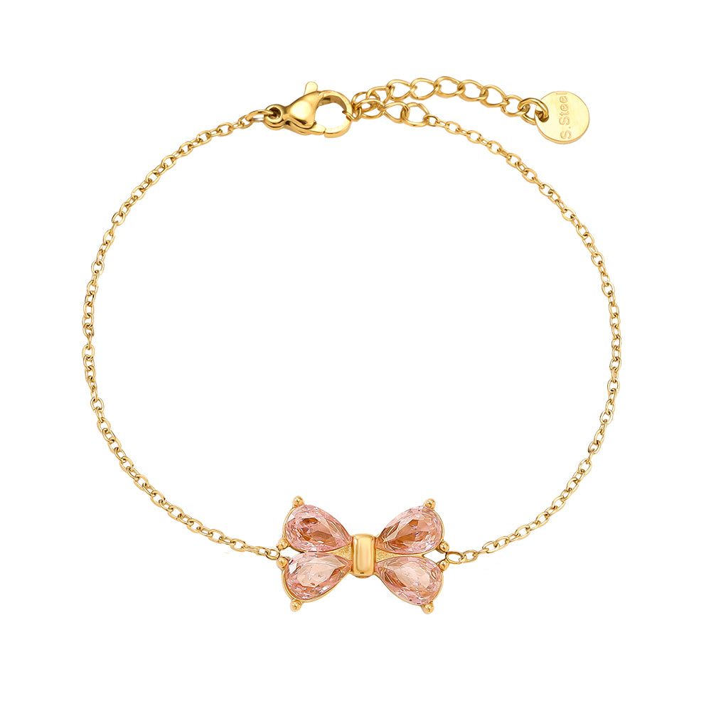 Edelstahlarmband mit Schleife in gold und Rosa Zirkon-Stein, 16+3 cm.