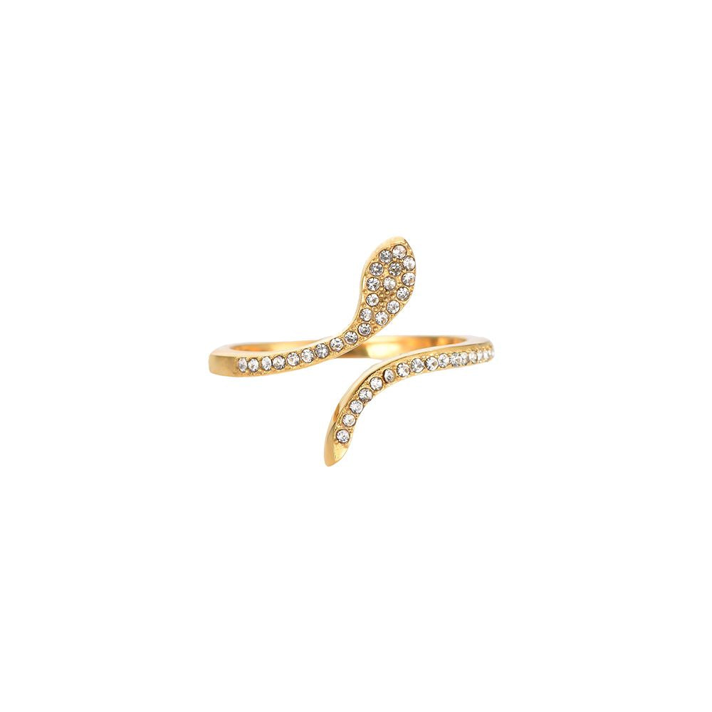 Edelstahl Schlangenring in gold mit Zirkon-Steinen, größenverstellbar.