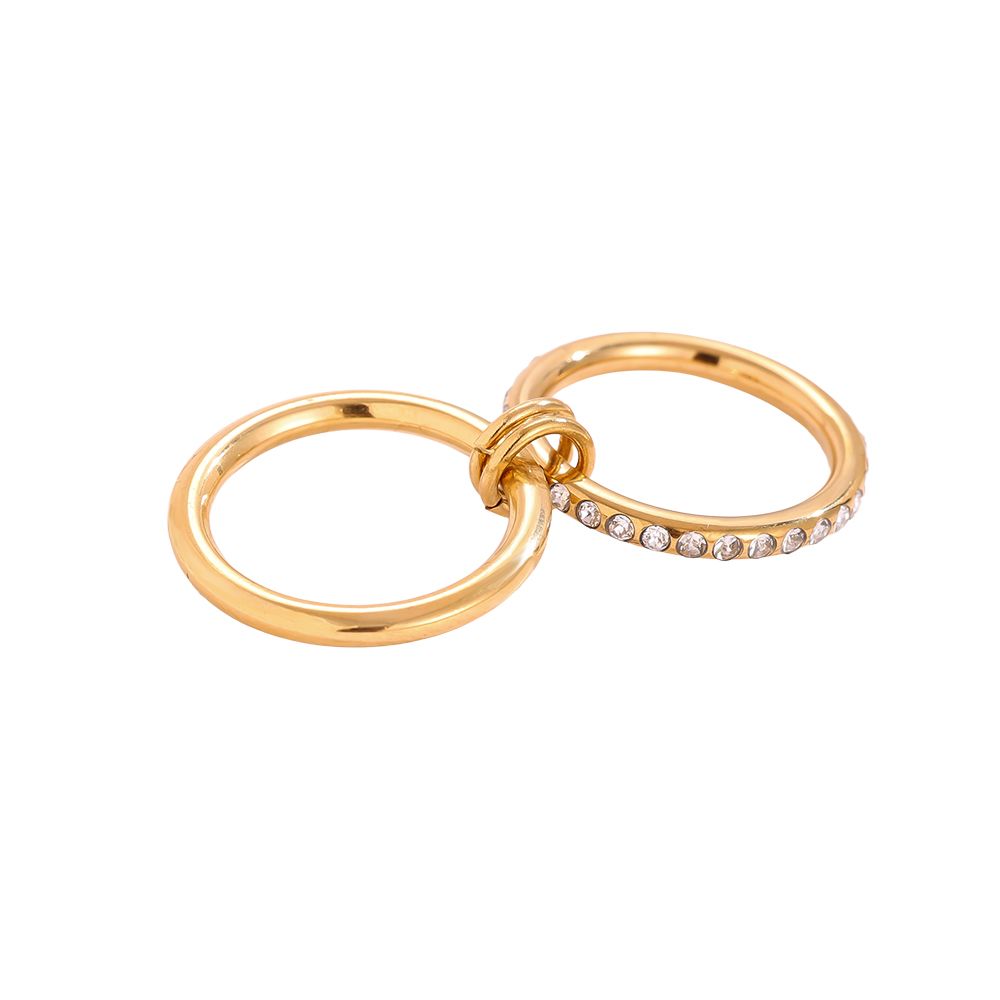 Edelstahlring mit zwei Ringen in gold mit Zirkon-Steinen, Größe 17 also 54mm.