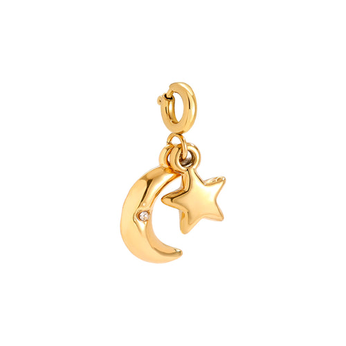 Edelstahlcharm mit Stern und Mond, in gold mit Zirkon-Stein, 15mm