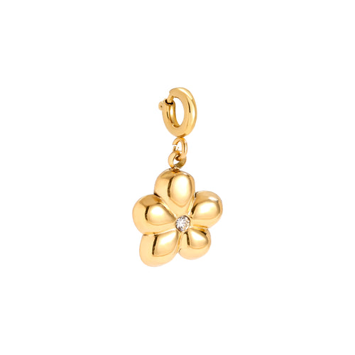 Edelstahlcharm mit Blume in gold und Zirkon-Stein, 15mm.