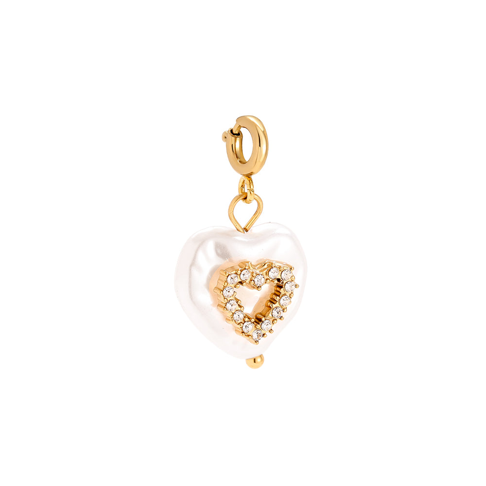 Edelstahlcharm mit Perlenherz in gold mit Zirkon-Stein, 19 mm