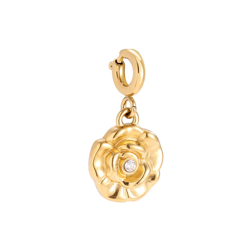 Edelstahlcharm mit Rose in gold mit Zirkon-Stein, 13 mm