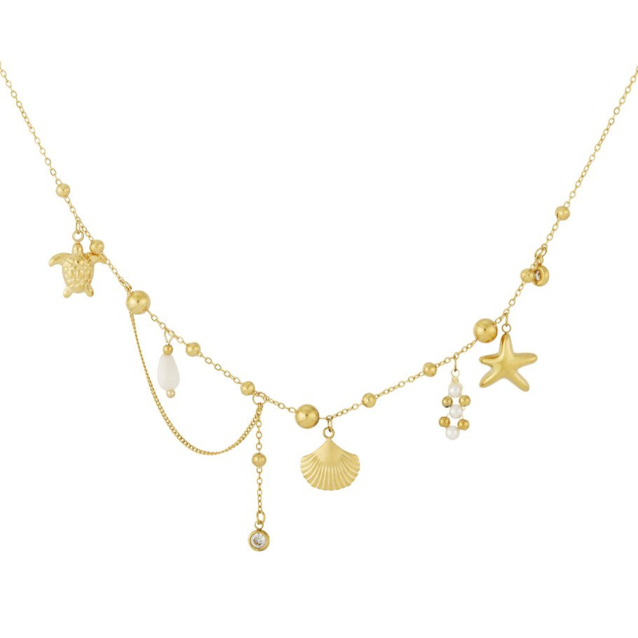 Edelstahlhalskette in gold mit Schildkröten-, Muschel- und Seesternanhänger, sowie künstliche Perlen und Zirkon-Steinen, 39+5cm lang.