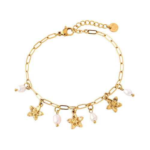 Edelstahlarmband in gold mit Blumenanhänger und künstlichen Perlenanhänger, 16+3cm lang.