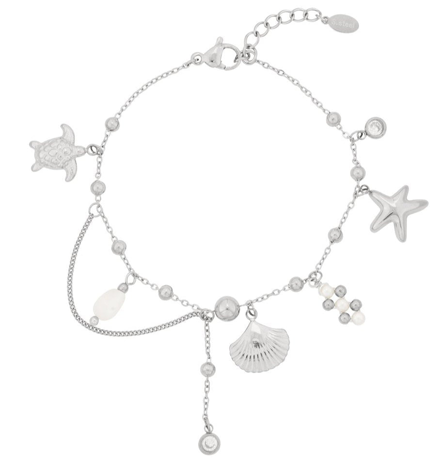 Edelstahlarmband in silber mit Schildkröten-, Muschel- und Seesternanhänger, sowie künstliche Perlen und Zirkon-Steinen, 16+3cm lang.