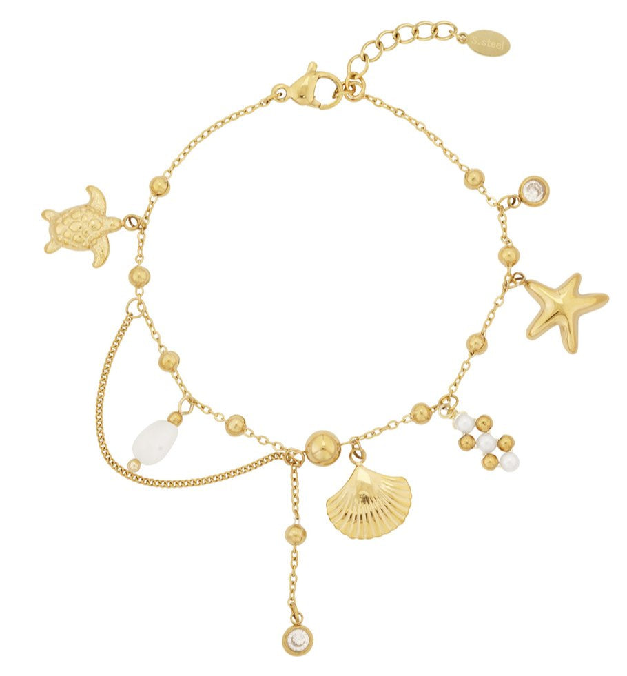Edelstahlarmband in gold mit Schildkröten-, Muschel- und Seesternanhänger, sowie künstliche Perlen und Zirkon-Steinen, 16+3cm lang.