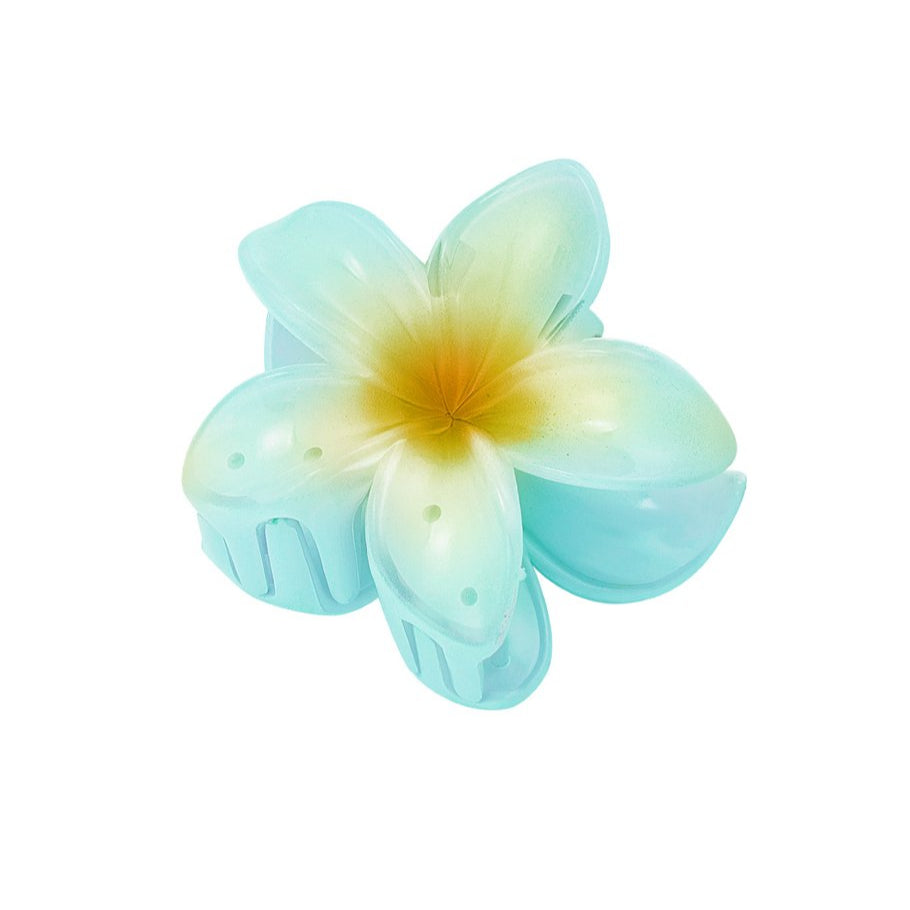 Haarklammer Hibiskus Blume türkis und gelb, 8cm lang aus Kunststoff