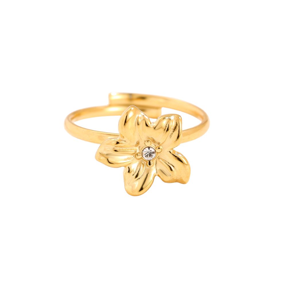 Edelstahlring in gold mit Blume und Zirkon-Stein, größenverstellbar.