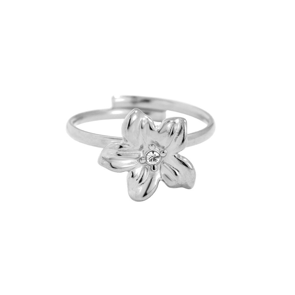 Edelstahlring in silber mit Blume und Zirkon-Stein, größenverstellbar.