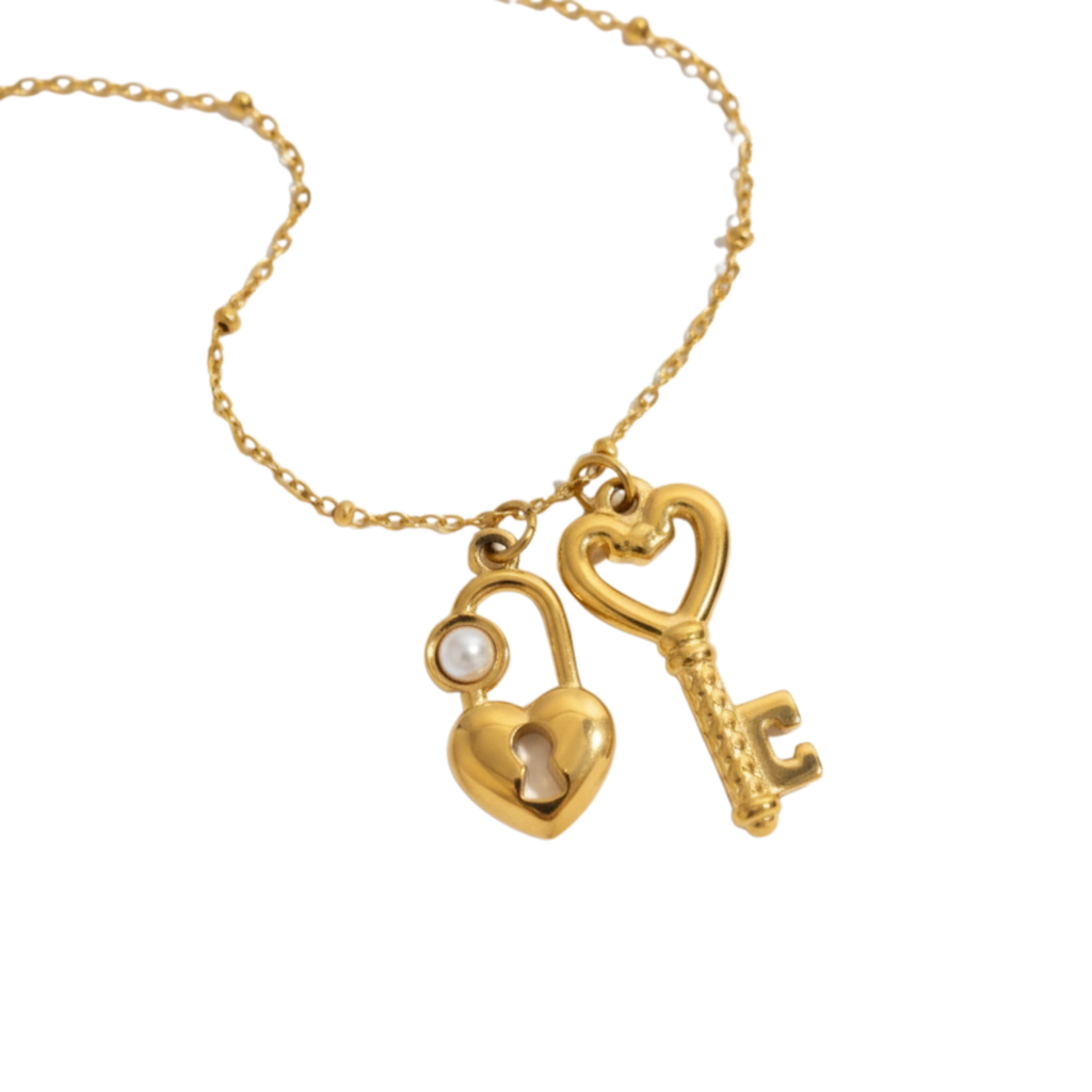 goldene Edelstahl Halskette mit Herz Schloss und Schlüssel Anhänger