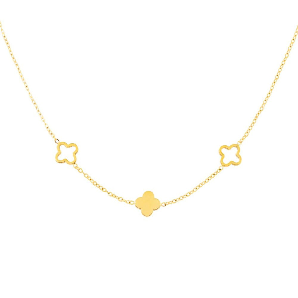 Vergoldete Edelstahl Halskette mit filigranen Kleeblatt-Anhängern – zarter, wasserfester Schmuck von Elariya Jewelry.