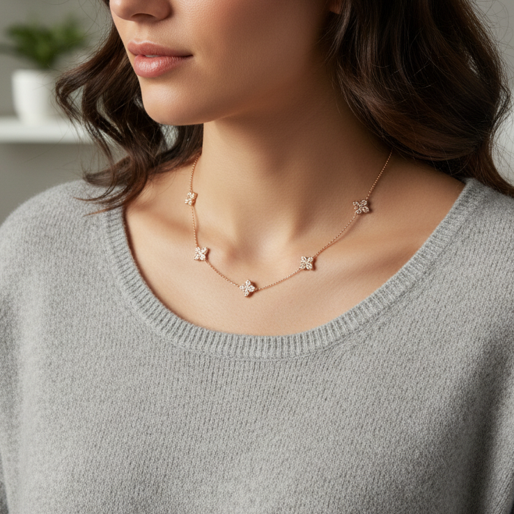 Feine goldfarbene Halskette mit fünf filigranen Blumenanhängern – elegantes, feminines Schmuckdesign.