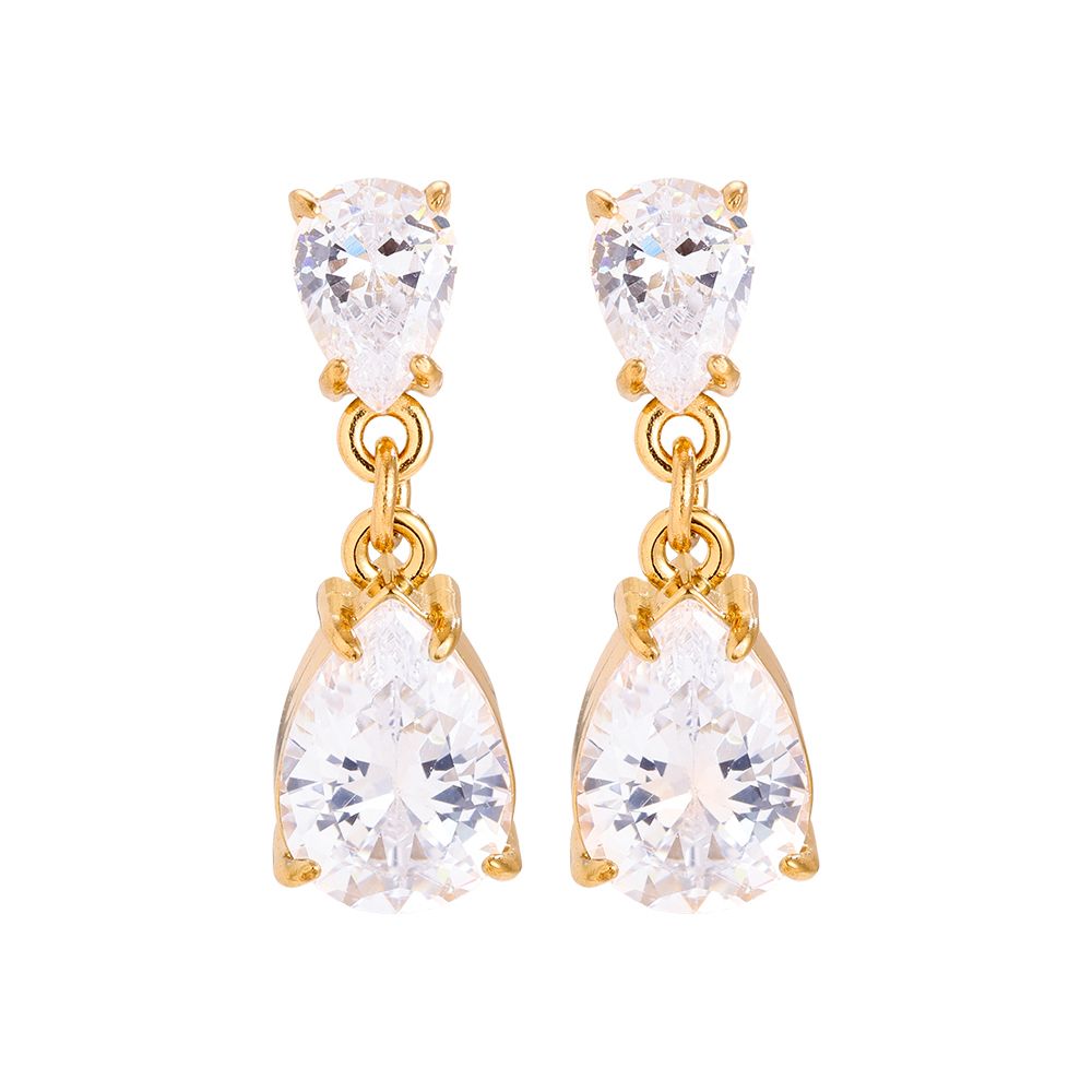 Goldene Tropfenohrringe mit zwei großen Zirkonia-Elementen – luxuriöse 14K vergoldete Hänger.