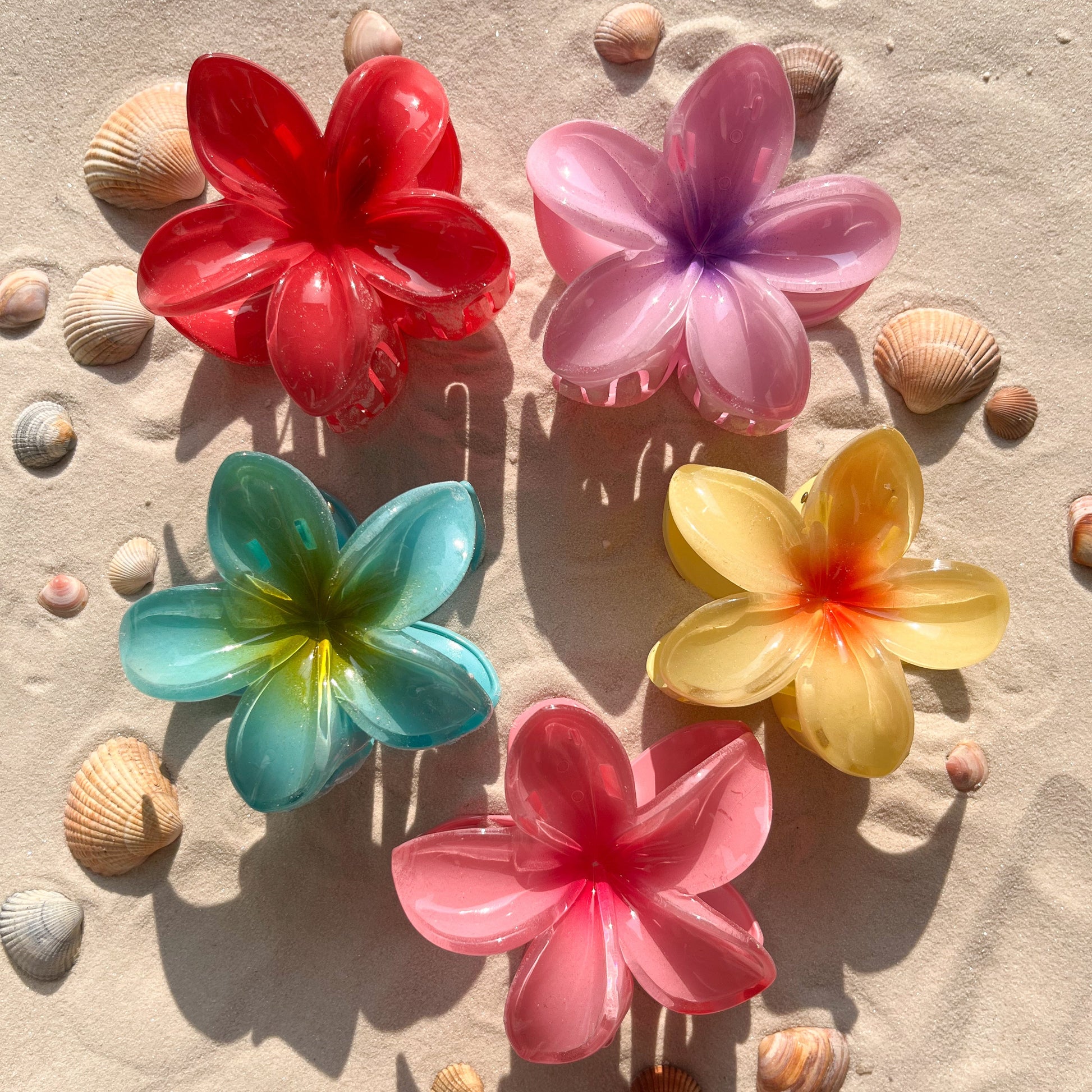 Haarklammer Hibiskus Blume gelb, lila, rosa, rot und türkis, 8cm lang aus Kunststoff